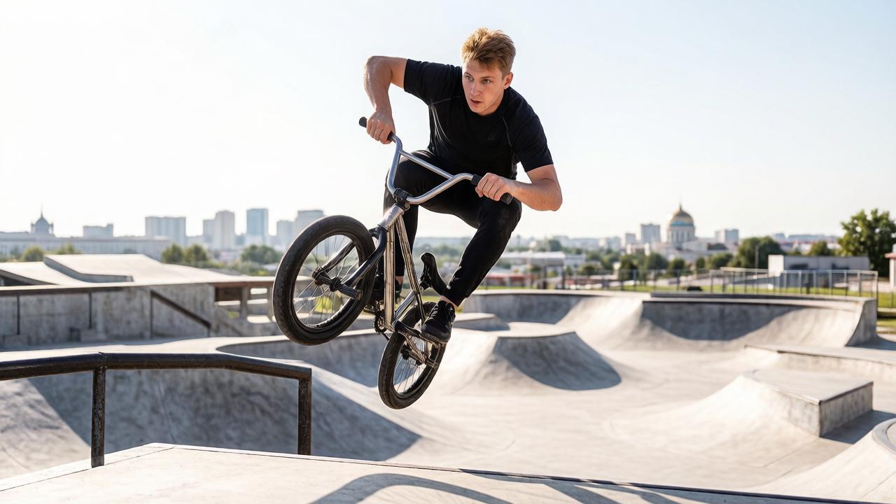 Спортсмен выполняет трюк на BMX на трамплине экстрим-парка УРАМ в Казани